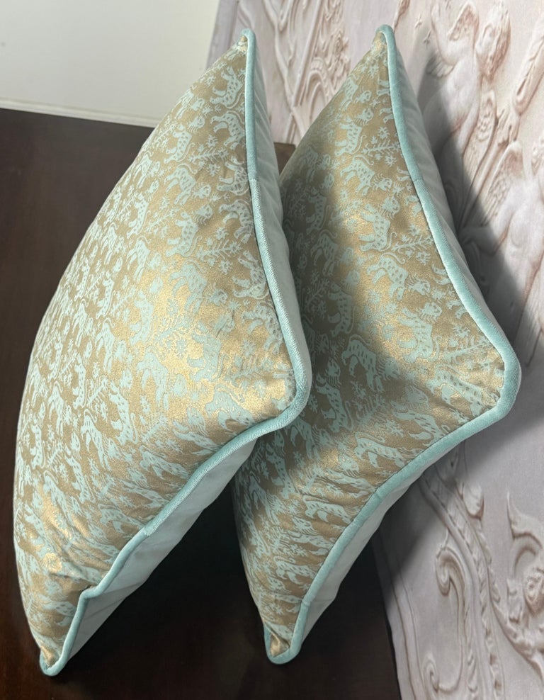 Custom Fortuny Decorative Pillows in Gilt Gold &amp; Aquamarine, Italy