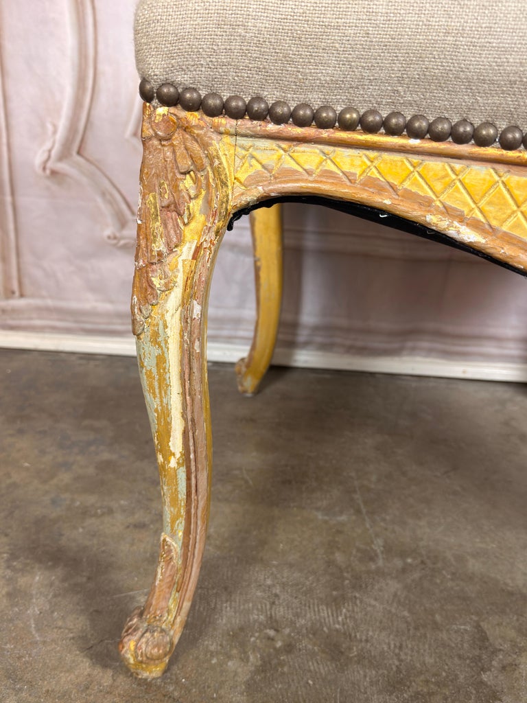 Set of 14 French Louis XV Style Gilt Dining Chairs with Linen Upholstery