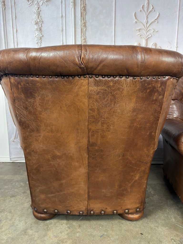 Pair of English Library Club Chairs in Hand-Finished Cognac Leather