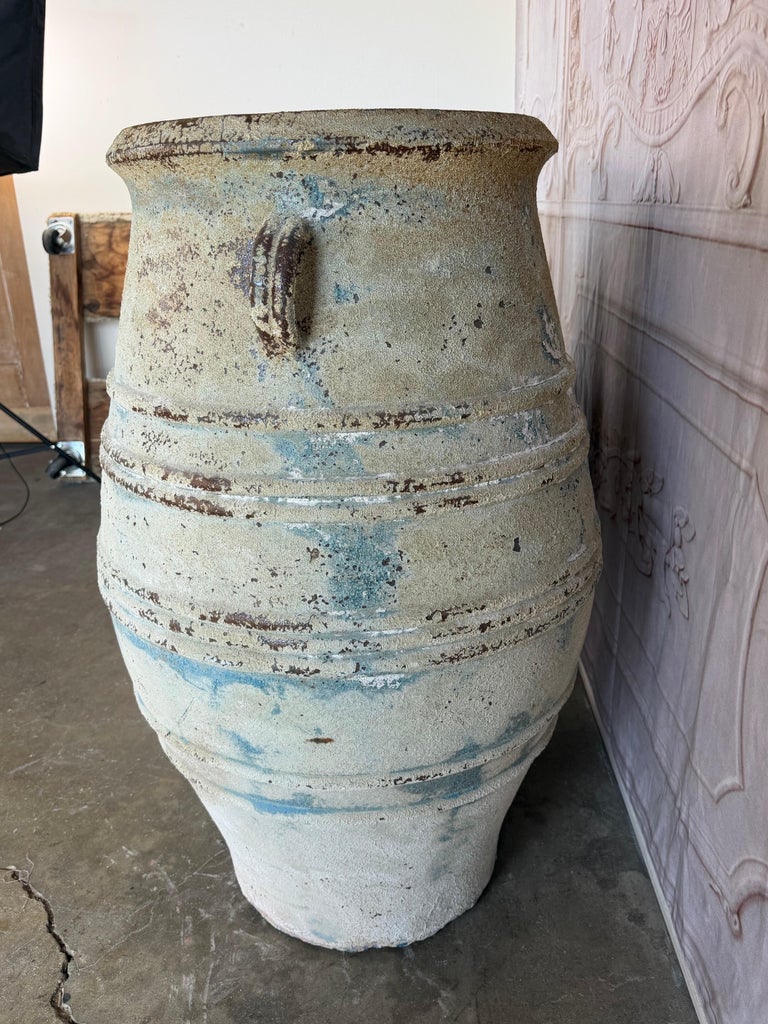 Pair of Large Distressed Mediterranean Style Terracotta Olive Jars with Handles