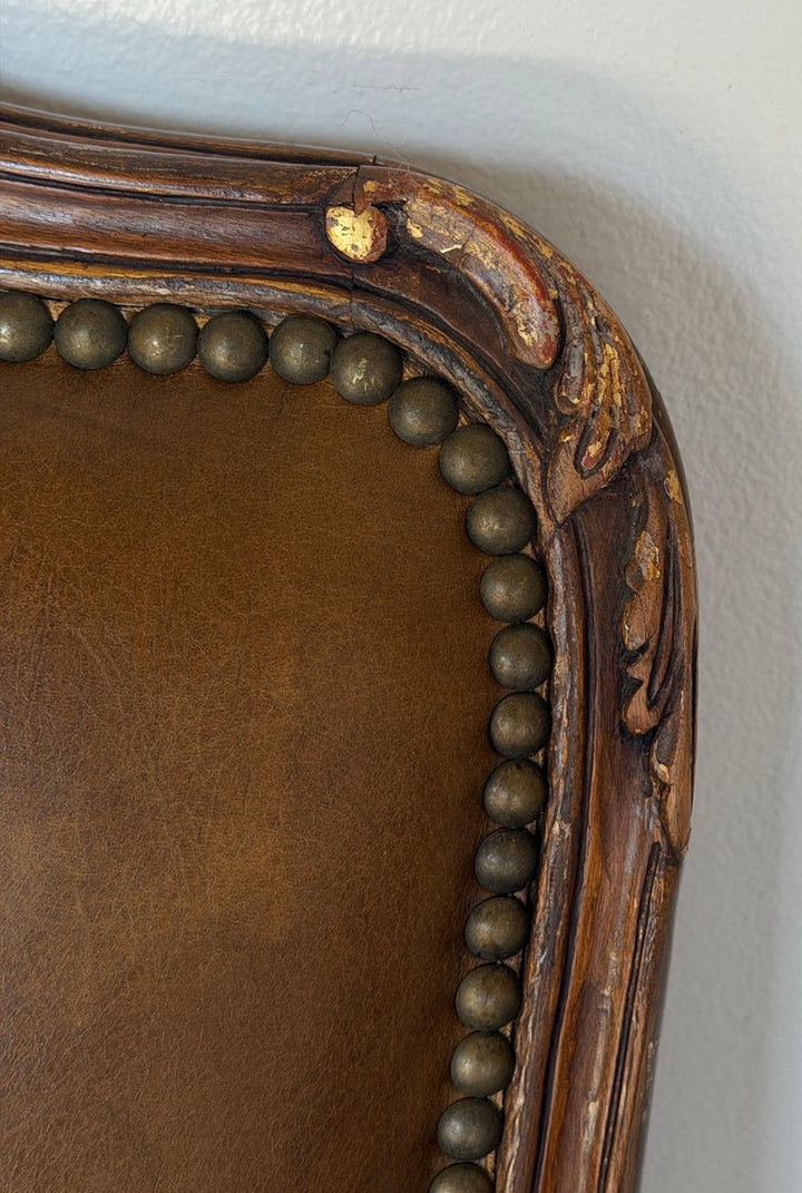 Pair of VIntage French Louis XV Cognac Leather Fauteuils