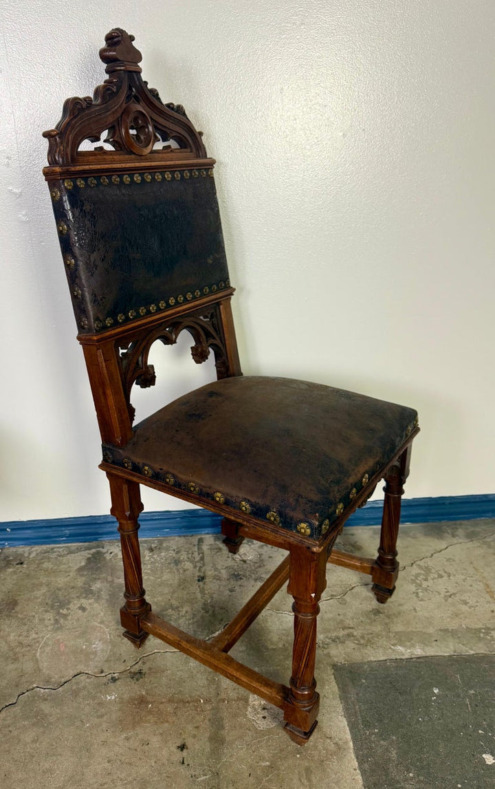 Set of Six 19th C. Gothic-Style Leather Dining Chairs