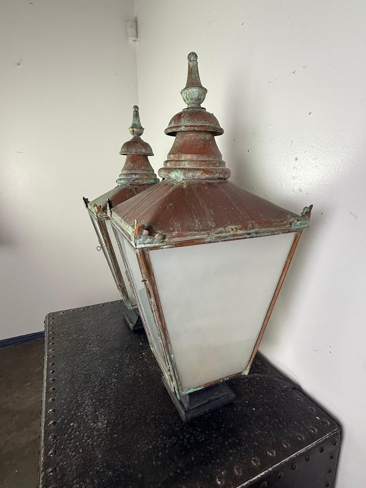 Pair of Monumental Antique Copper Street Lanterns with Verdigris Patina
