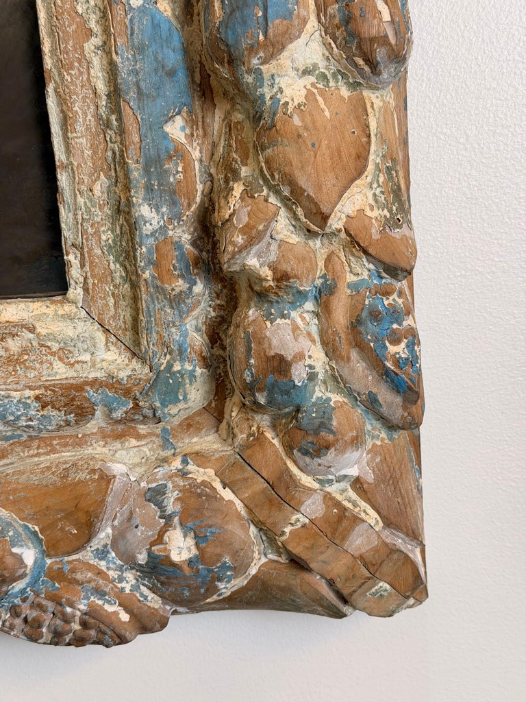 Antique French Carved Wood Mirror with Foliate Frame and Original Foxed Glass