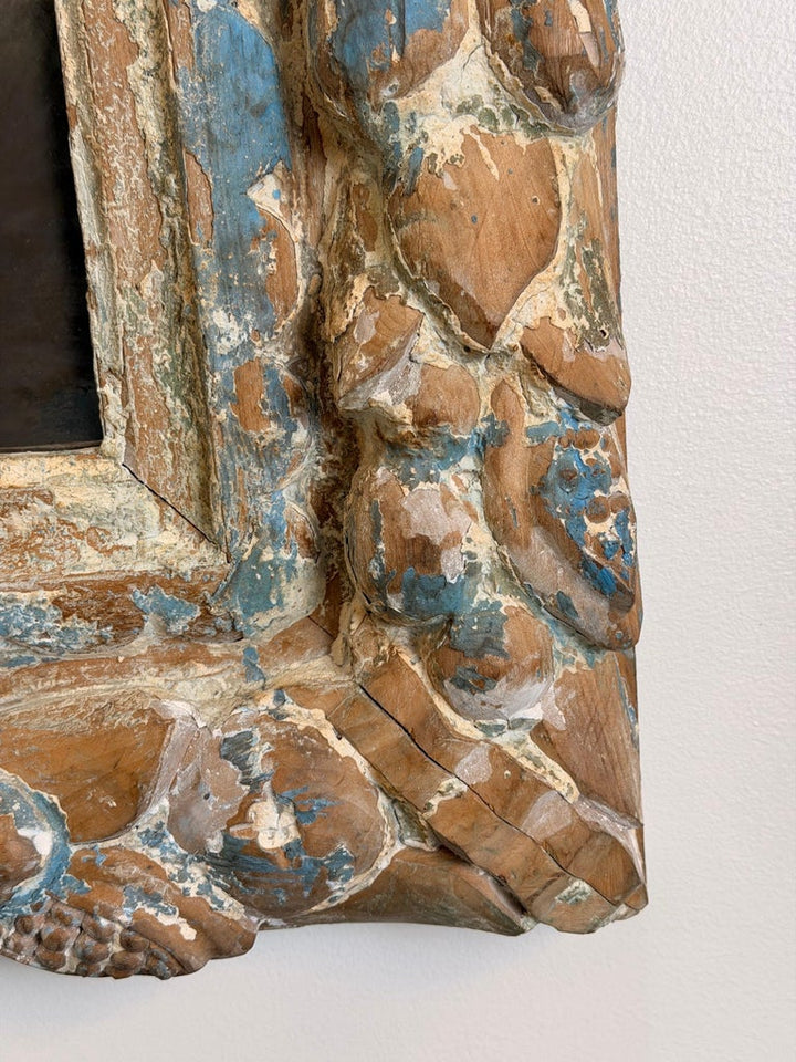 Antique French Carved Wood Mirror with Foliate Frame and Original Foxed Glass