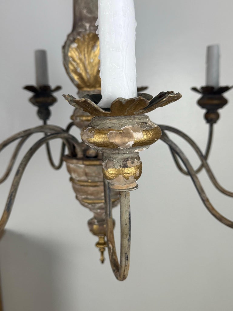 Antique Italian Giltwood and Iron Six-Light Chandelier