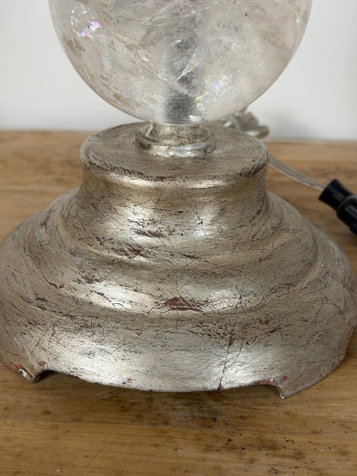 Pair of Hollywood Regency Rock Crystal Stacked Orb Table Lamps - Silver Leaf