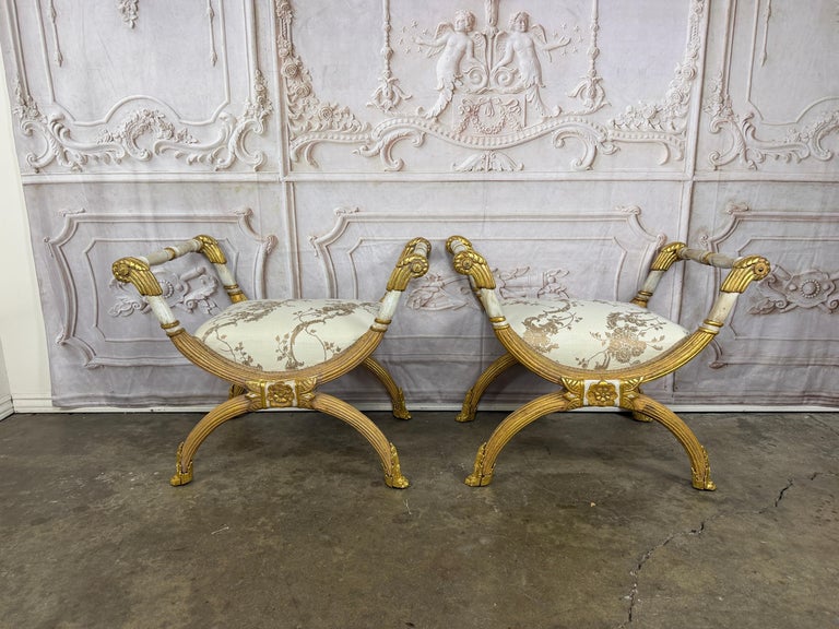 Pair of Italian Neoclassical Curule Stools w/ Fortuny Upholstery