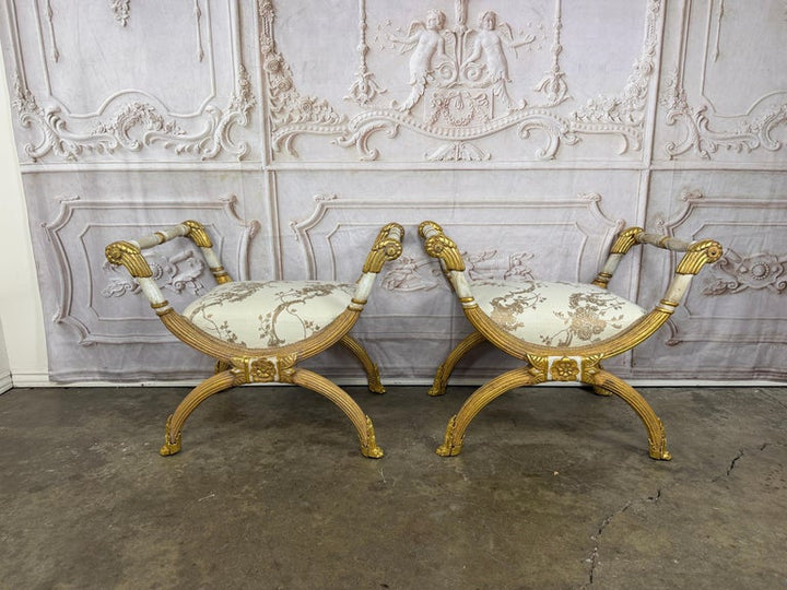 Pair of Italian Neoclassical Curule Stools w/ Fortuny Upholstery
