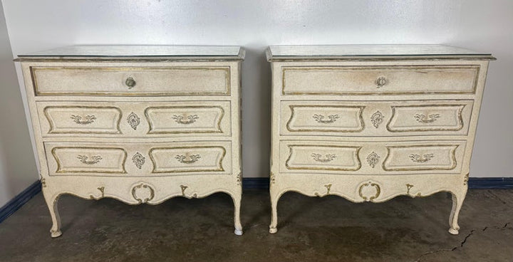 Pair of Louis XV–Style Painted Chests with Antiqued Marbled-Foxed Mirror Tops