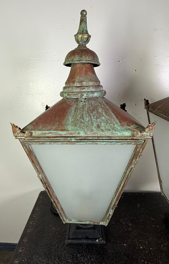 Pair of Monumental Antique Copper Street Lanterns with Verdigris Patina