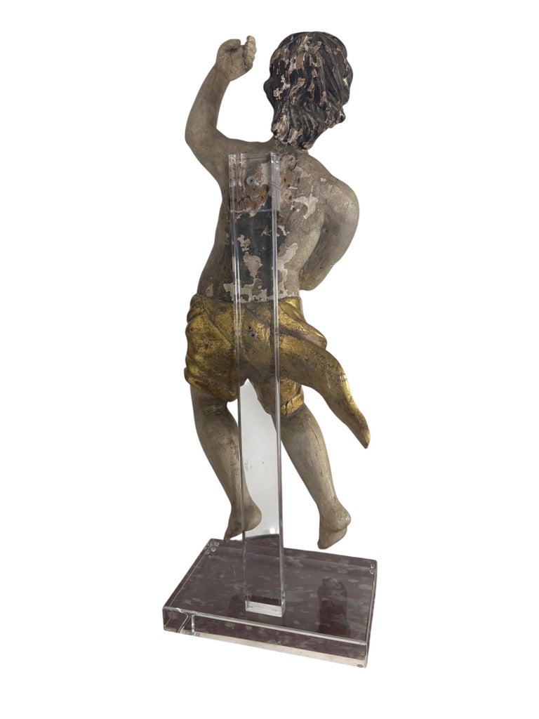 19th Century Carved Polychrome and Giltwood Statue of a Putti