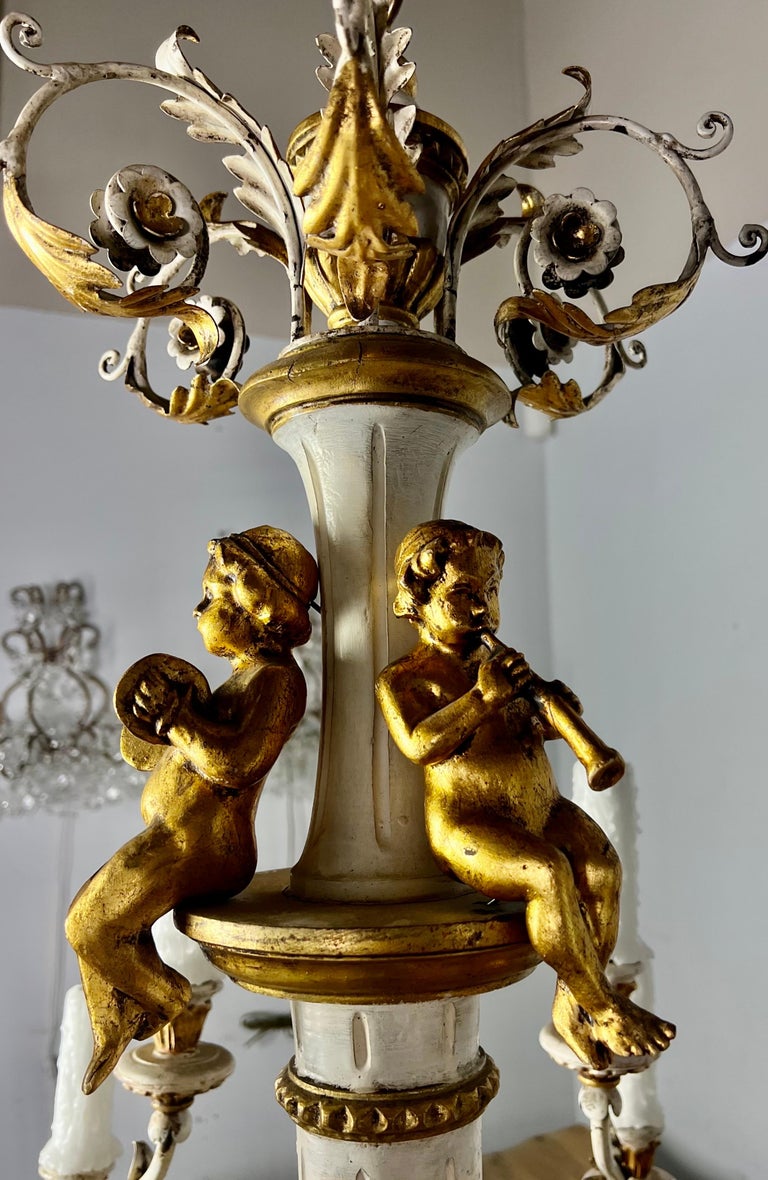 Italian Painted & Parcel Gilt Cherub Chandelier, circa 1930s