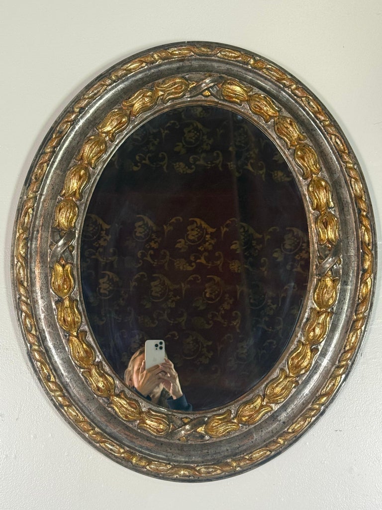 19th Century Italian Oval Mirror in Burnished Silver Leaf and Gold