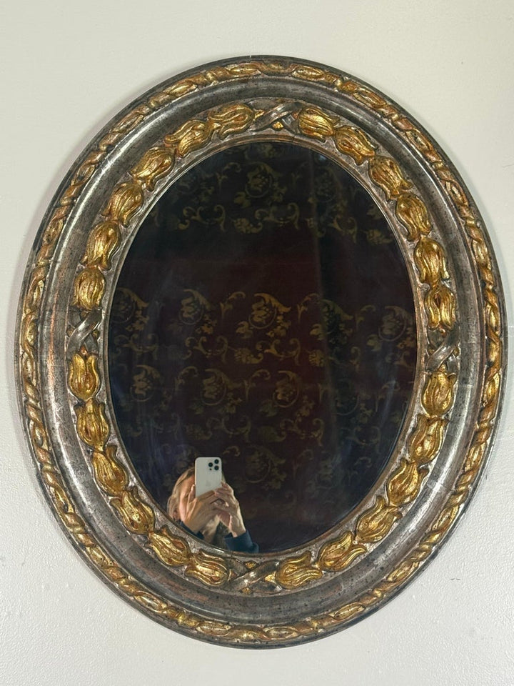 19th Century Italian Oval Mirror in Burnished Silver Leaf and Gold