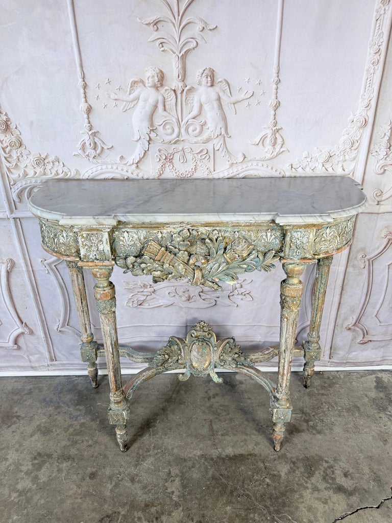 French Louis XVI Painted Gesso & Giltwood Console Table with Shaped Marble Top