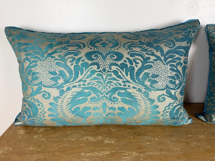 Pair of  Fortuny Style Textile Pillows with Blue Silk Backs