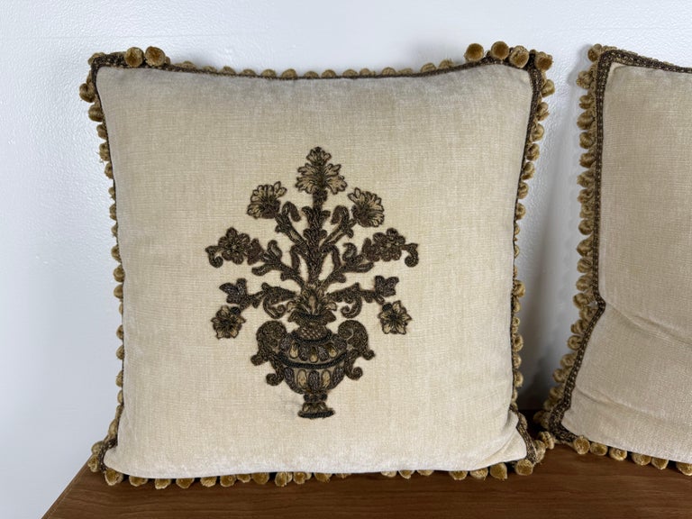 Pair of Custom Velvet Pillows with 19th-Century French Metallic Appliqués