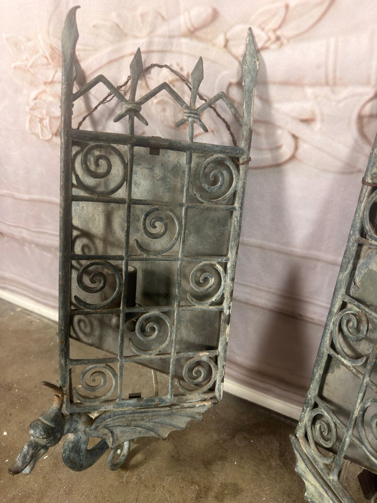 Pair of Gothic Revival Metal Iron Dragon Sconces