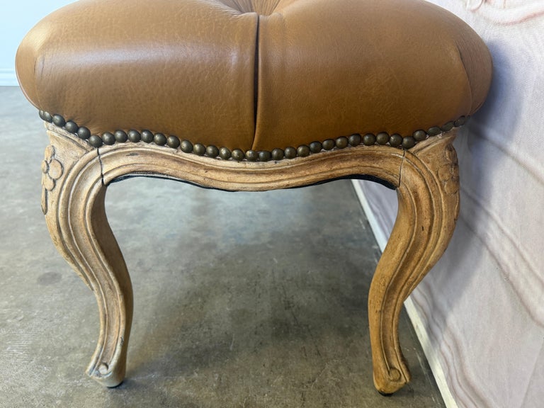French Louis XV Style Tufted Bench - Caramel Leather