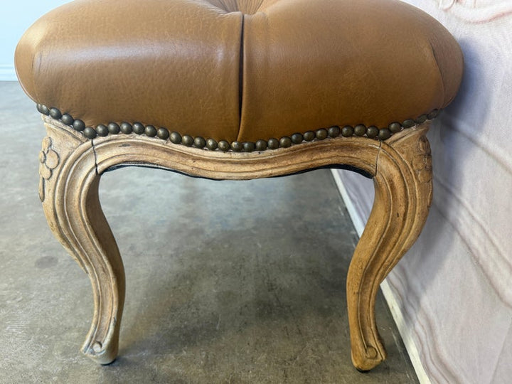 French Louis XV Style Tufted Bench - Caramel Leather