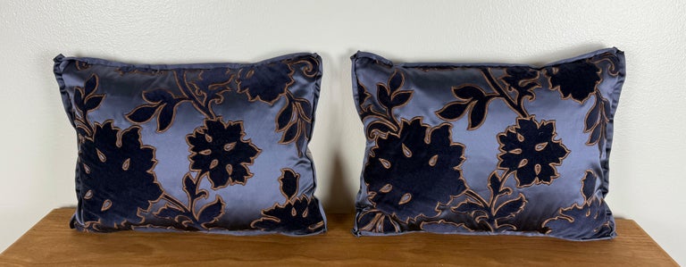 Pair of Petite Blue Velvet and Satin Decorative Pillows