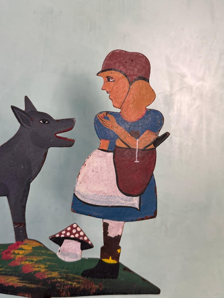 Vintage Folk Art Little Red Riding Hood and Wolf Balancing Sculpture