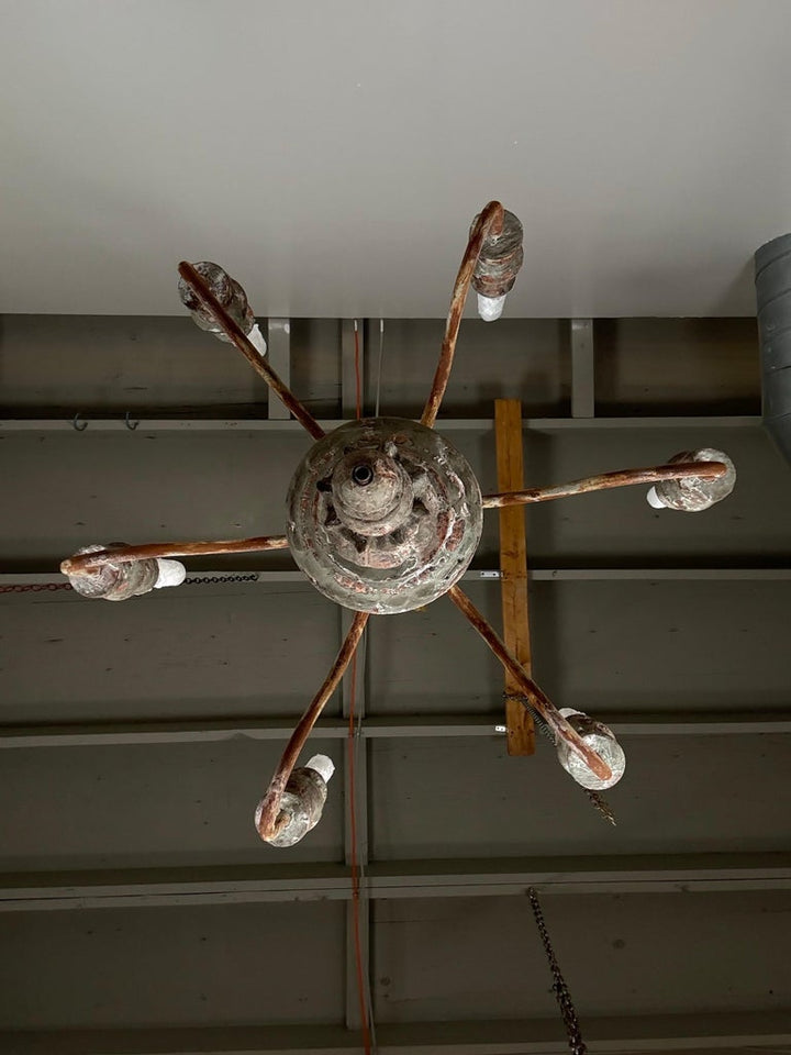 Antique European Painted Wood and Iron Six-Light Chandelier