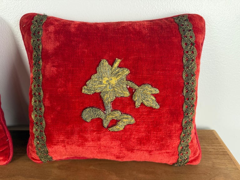 Pair of Petite Red Velvet Pillows with 19th-Century Metallic Appliqués