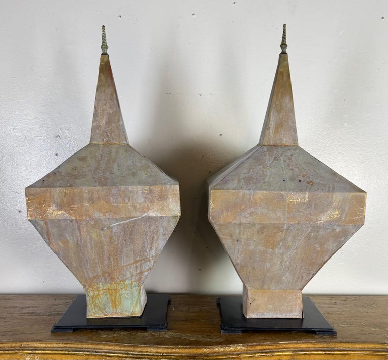 Pair of Large Patinated Zinc Architectural Finials Mounted on Iron Bases