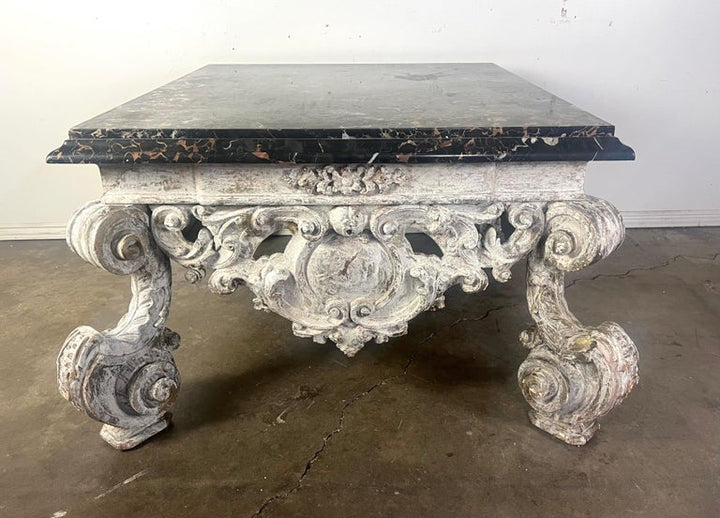 Monumental Painted Rococo Style Coffee Table w/ Marble Top