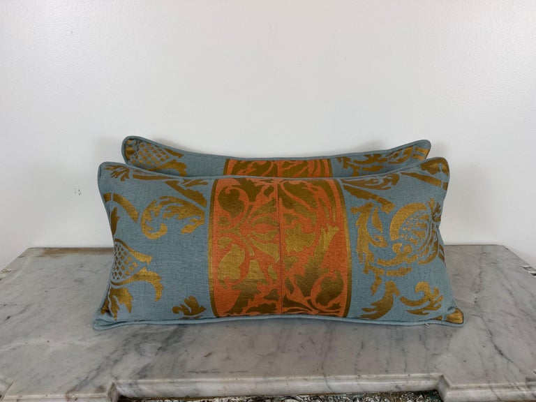 Nomi Stenciled Linen Lumbar Pillows in Celeste Blue, USA
