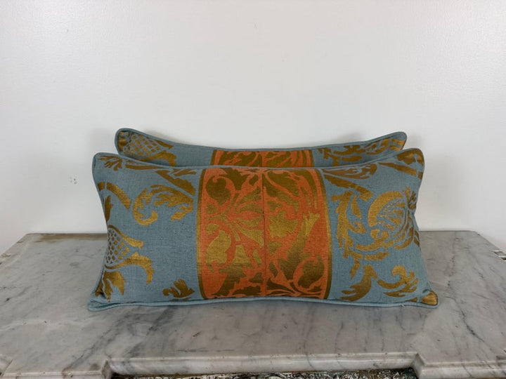 Nomi Stenciled Linen Lumbar Pillows in Celeste Blue, USA