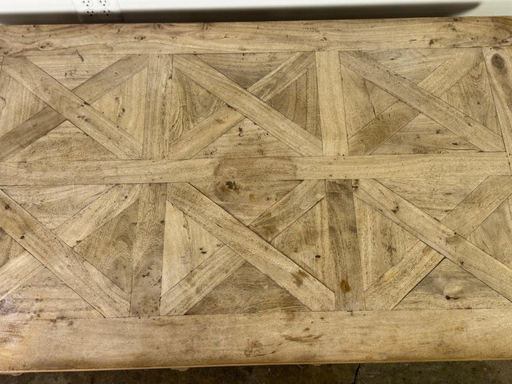 Large European Rustic Coffee Table with Parquetry Top and Barley-Twist Base