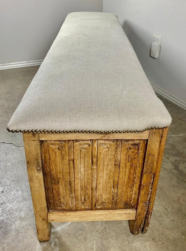Monumental Spanish Carved Wood Bench with Linen Upholstery