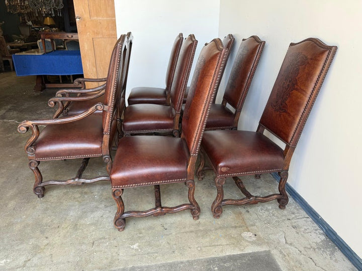Set of Eight Spanish Revival Leather and Carved Walnut Dining Chairs