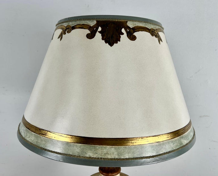 Pair of Painted & Parcel Gilt Carved Flame Lamps w/ Parchment Shades