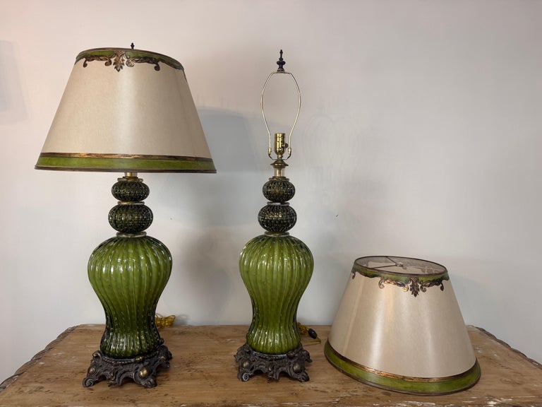 Pair of Vintage Murano Glass Table Lamps - Barovier &amp; Toso Style Olive Green