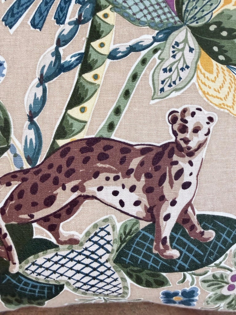 Designer Linen Throw Pillow in Exotic “Braganza” Jungle Print with Leopard Motif