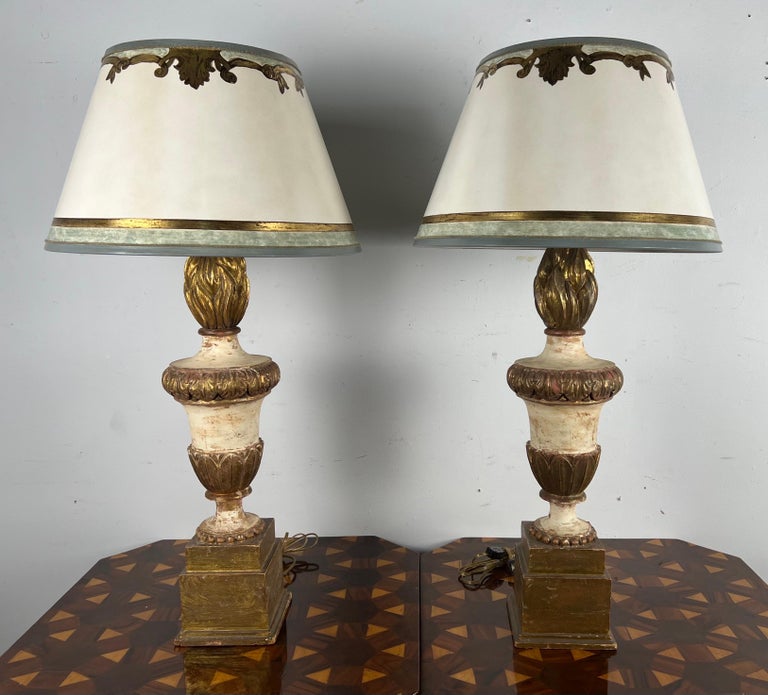 Pair of Painted & Parcel Gilt Carved Flame Lamps w/ Parchment Shades