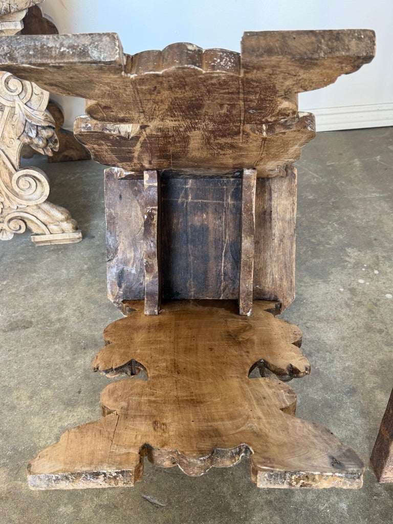 Pair of 19th C. Italian Renaissance Sgabello Hall Chairs - Heavily Carved Walnut
