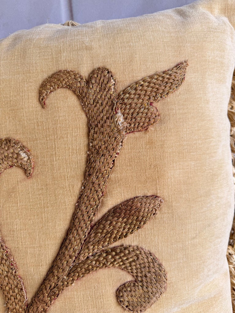 Pair of Golden Chenille Pillows w/ 19th Century Metallic Embroidered Appliqués