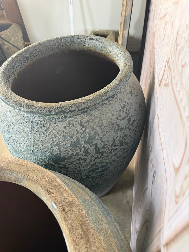 Pair of Antique Weathered Terracotta Garden Urns with Blue Patina