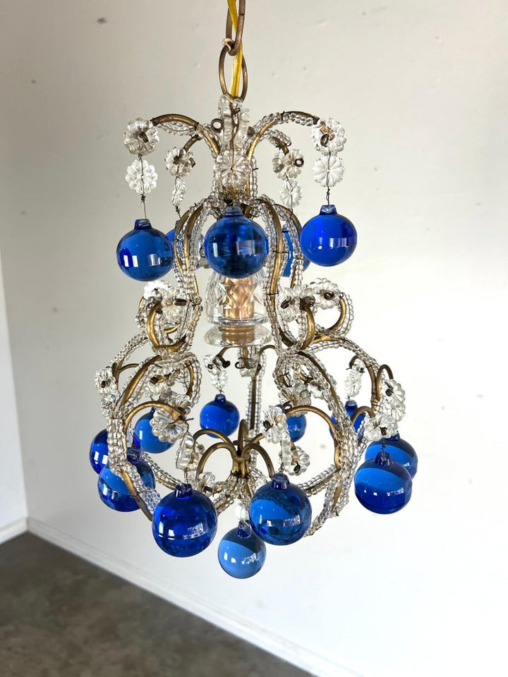 French Crystal Beaded Chandelier w/ Cobalt Drops C. 1920