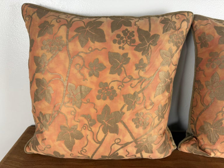 Pair of Authentic Fortuny “Vine & Grapes” Pattern Pillows in Coral and Gold