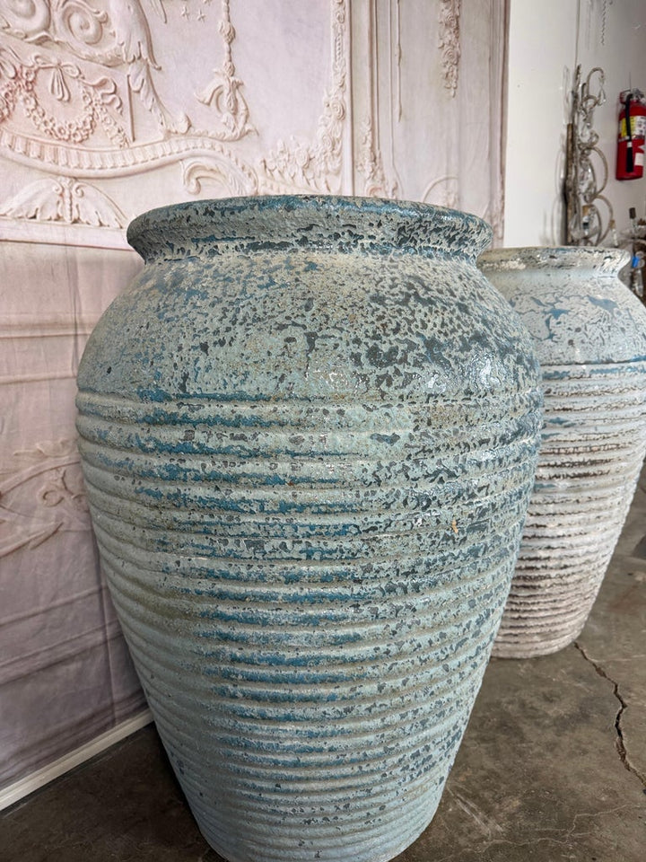 Pair of Antique Weathered Terracotta Garden Urns with Blue Patina