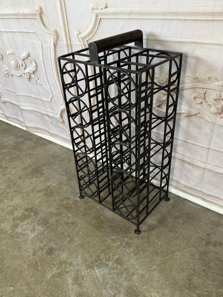 Vintage Black Iron 10-Bottle Wine Rack with Geometric Design