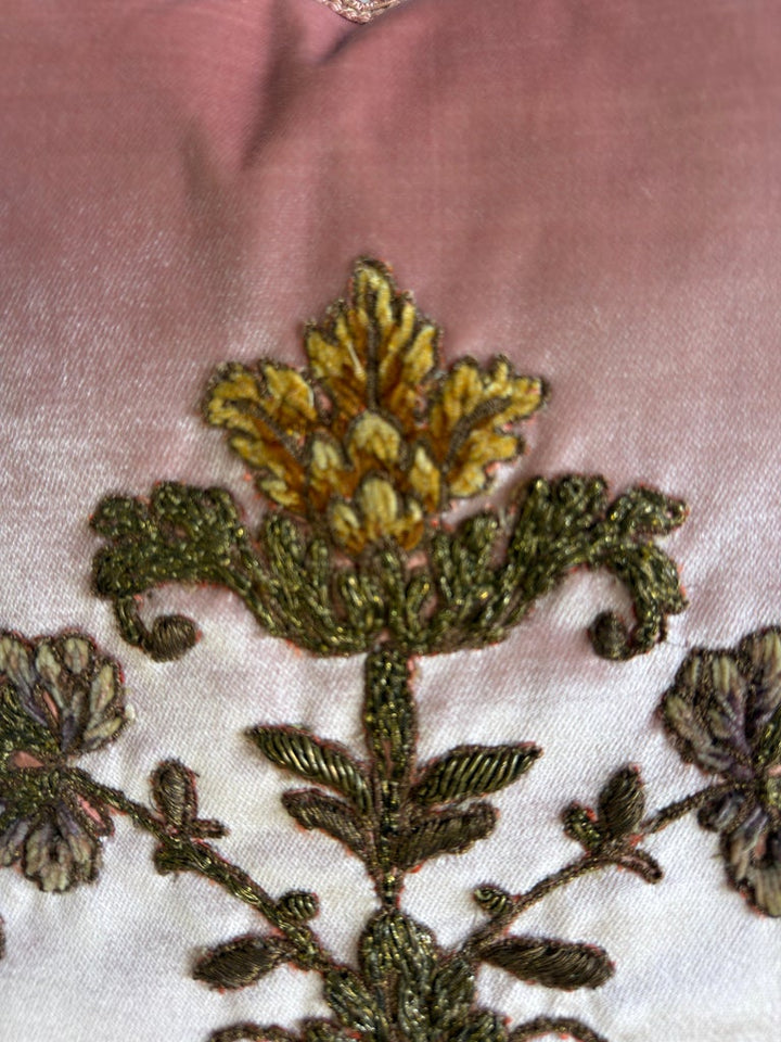 Pair of French Couture Blush Silk Velvet Pillows with 19th Century Appliques&