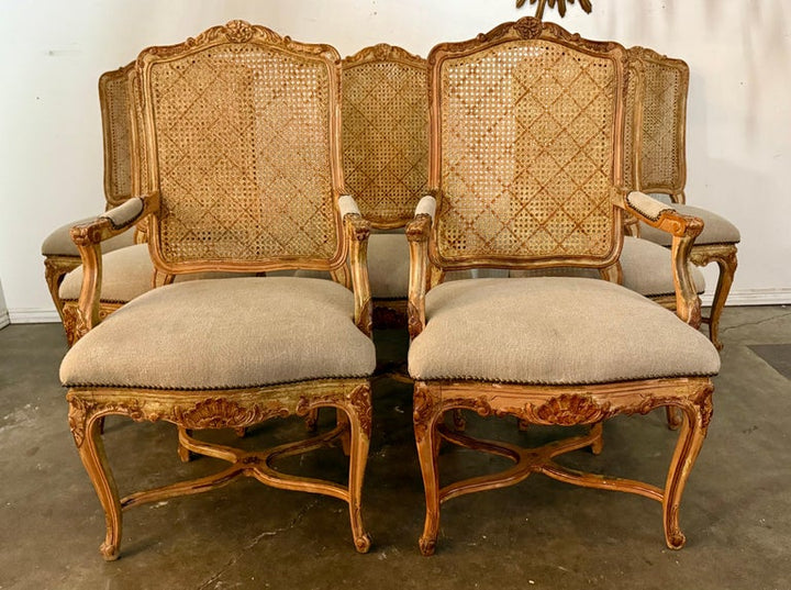 Set of Eight French Painted Caned Back Dining Chairs