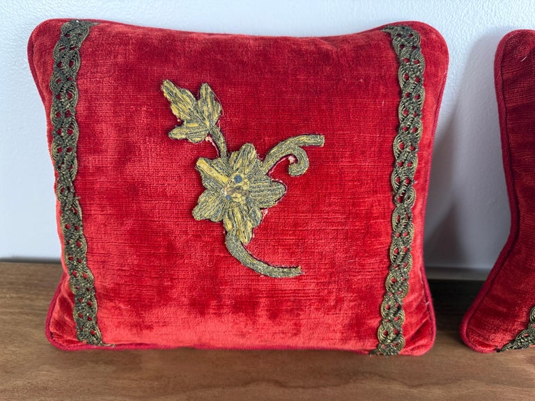 Pair of Petite Red Velvet Pillows with 19th-Century Metallic Appliqués